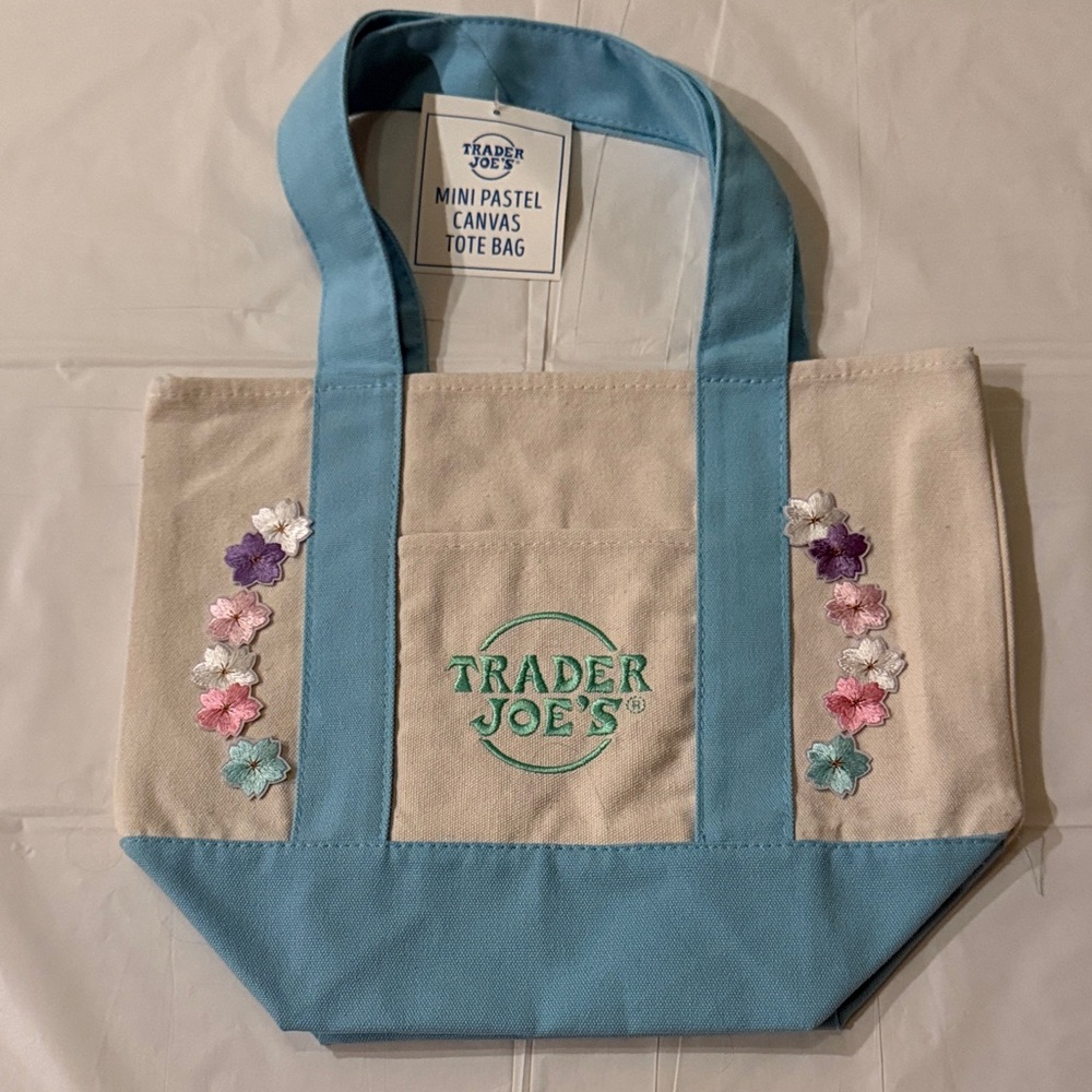 Trader Joe’s Pastel Blue and Cream Canvas Tote with flower patches
